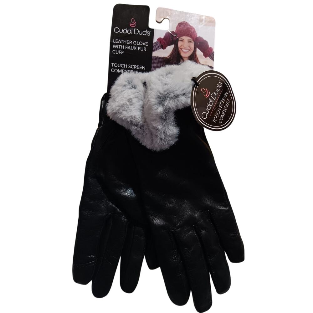 Cuddl Duds Leather Gloves Faux Fur Cuff Touch Screen Compatible NEW Womens